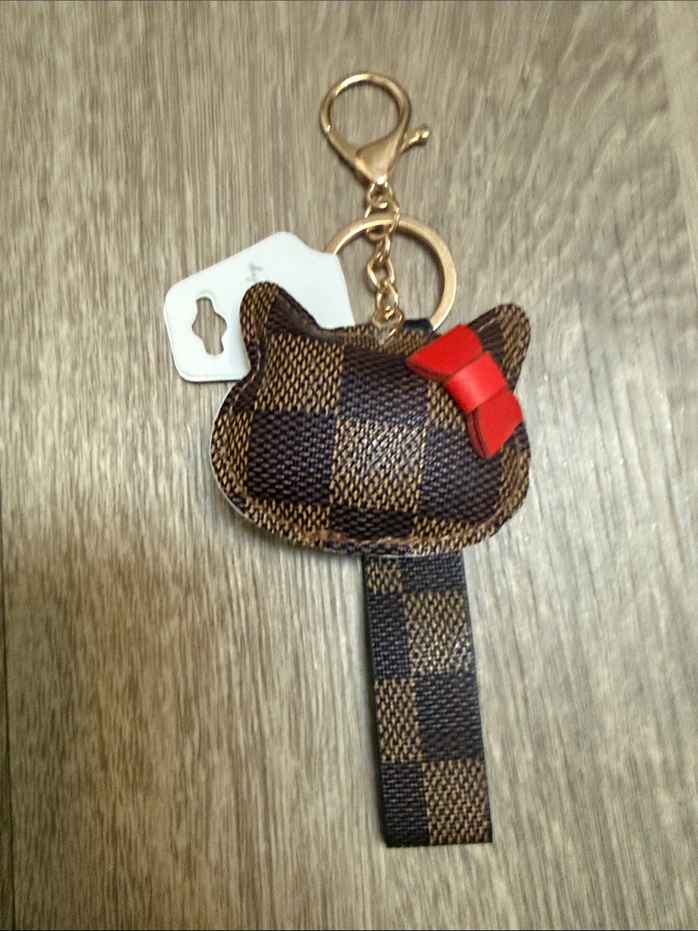 Cat-Shaped Checkered Key & Card Holder with Red Bow